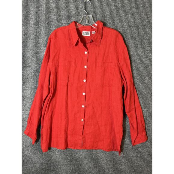 Chico's Design Womens Button Up Tunic Shirt Size XL Red 100% Linen Resort Boho - Picture 1 of 8